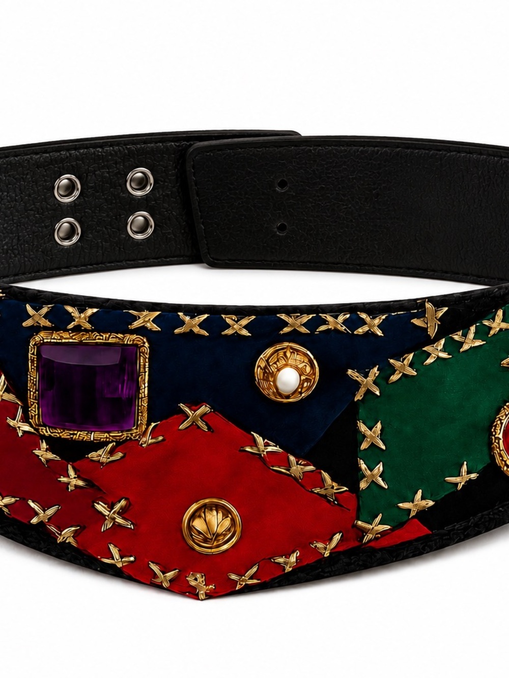 Vintage Multicolor Patchwork Statement Waist Belt with Gem Accents - Picture 2 of 16